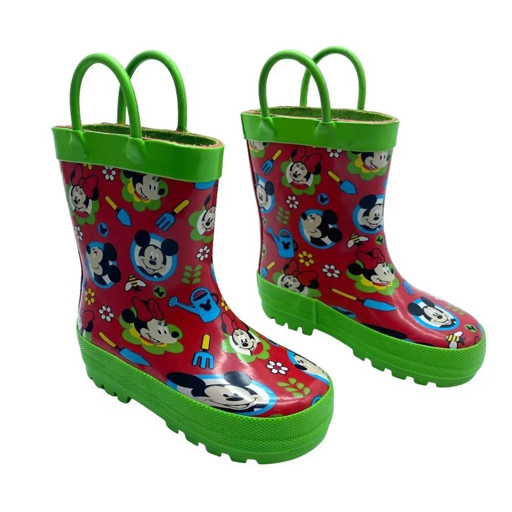 Disney Mickey x Minnie Kid Size 5/6 Red Green Pull On Rubber Rain Garden‎ Boots